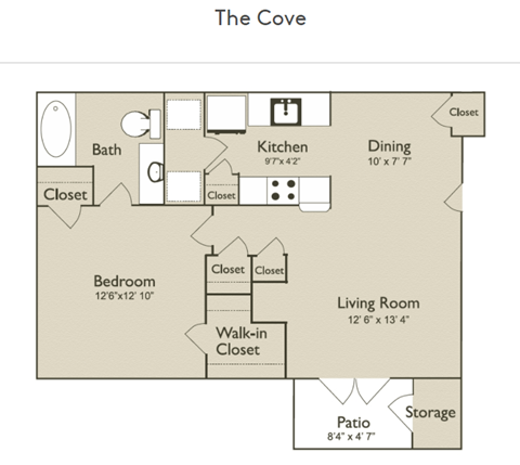 Floor plan for 1 bed, 1 bath, 730 sqft